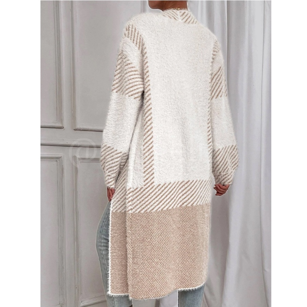 Fuzzy Longline Duster Cardigan Open Long Sleeve Colorblock White Beige - Picture 6 of 9